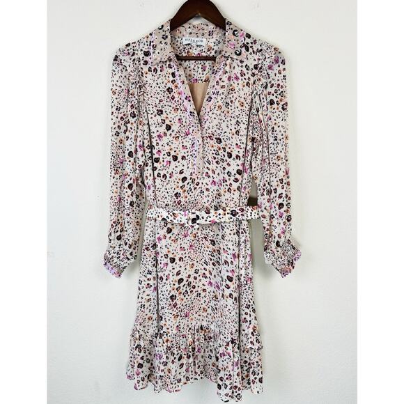 Hale Bob Boho Leopard Print S Belted Ruffle Mini Dress Collared Long Sleeve - Picture 2 of 11
